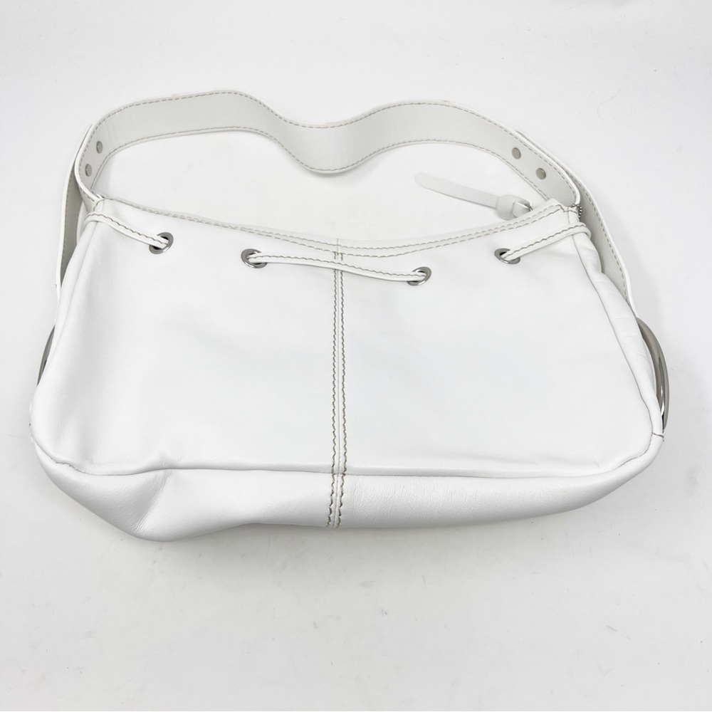 Bloomingdale’s White Leather Shoulder Bag Drawstring Zip Silver Accents - Picture 4 of 12